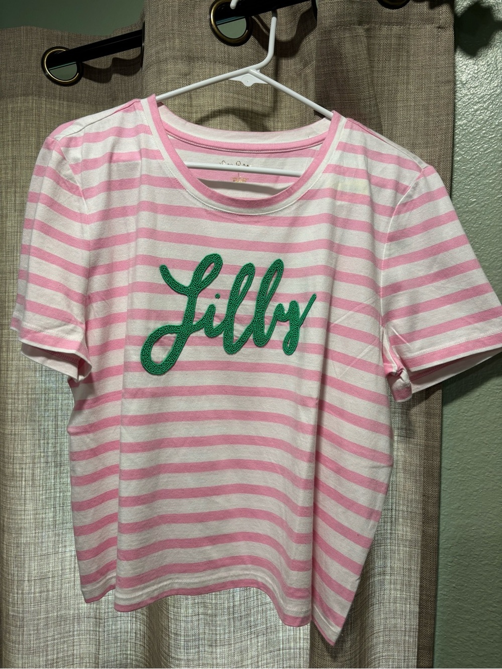 Lilly Pulitzer Pink & White Striped Short Sleeve Tee with Green Conch Shell Logo